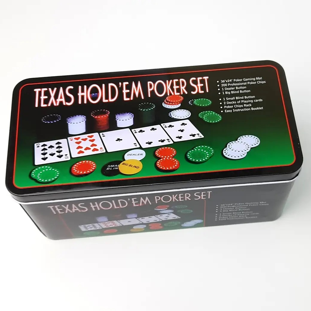 Покерний набір 200 фішок з номіналом + сукно (бляшана коробка)